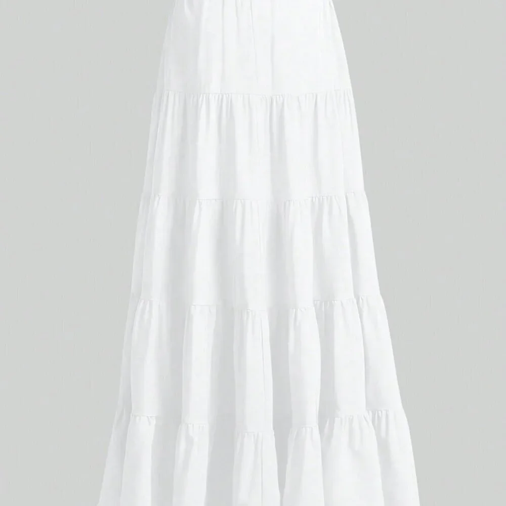 White Casual Women's Multi-Layered Ruffle Hem Long Skirt - Picture 2 of 7